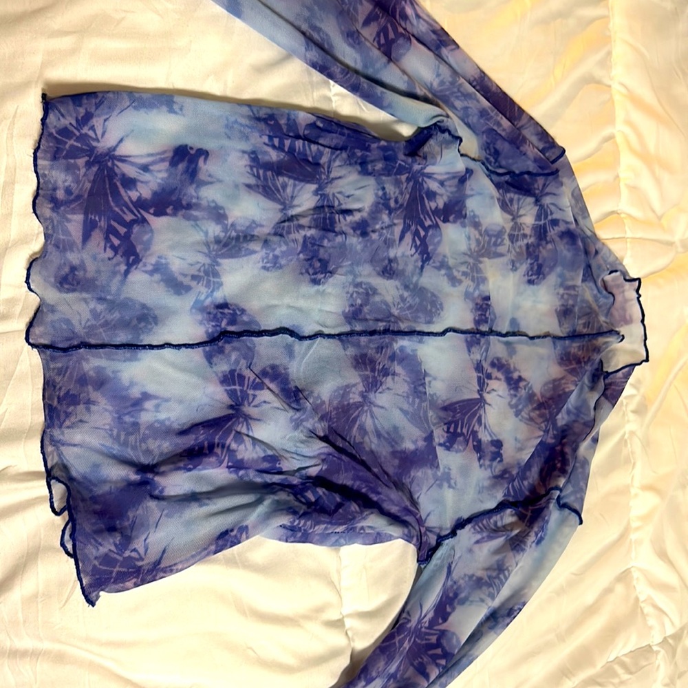 Blue butterfly mesh long-sleeve shirt